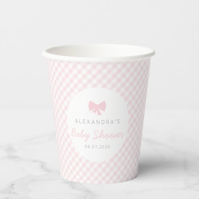 Rosa Gingham niedliche Bogen Babydusche Pappbecher (Vorderseite)
