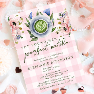 Rosa Gingham Perfekte Matcha Hochzeitsdusche Einladung