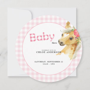 Rosa Gingham-Pony-Baby-Shower-Rund Einladung