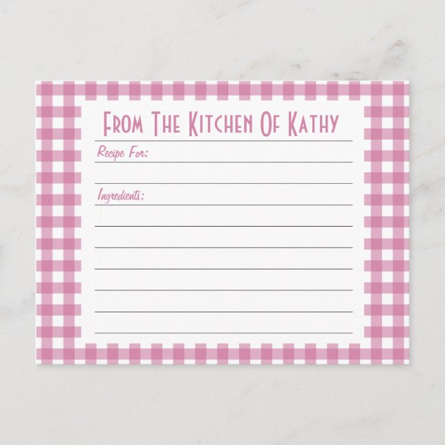 Rosa Gingham Rezeptkarte Postkarte (Vorderseite)