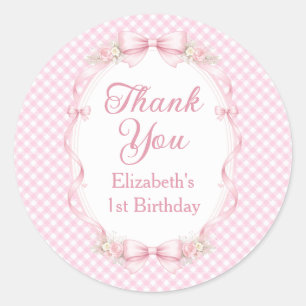 Rosa Gingham-Schleife Erste Geburtstag Danke-Aufkl Runder Aufkleber