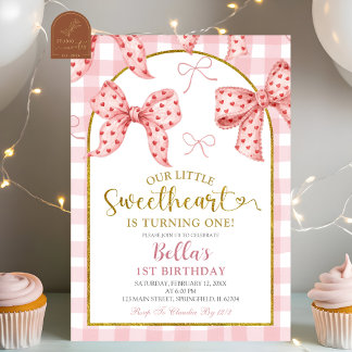 Rosa Gingham-Schleife Sweetheart Geburtstag Einladung