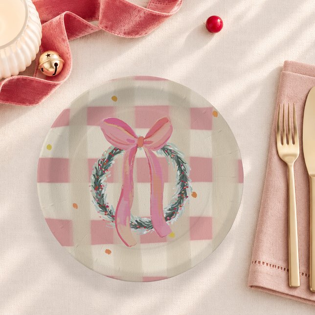 Rosa Gingham-Schleifen-Weihnachtskranz Pappteller (Von Creator hochgeladen)