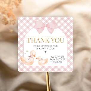 Rosa Gingham Silly Goose Baby Shower Quadratischer Aufkleber