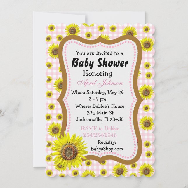 Rosa Gingham Sonnenblume Baby Dusche Invites Einladung (Vorderseite)