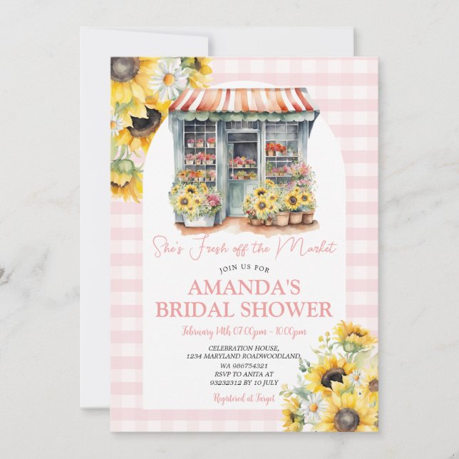 Rosa Gingham Sonnenblumen Sie ist vom Markt fern Einladung (Vorderseite)