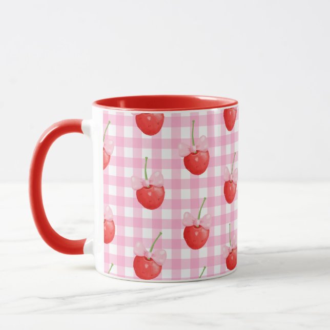 Rosa Gingham Tasse Niedlich Strawberry Print (Links)