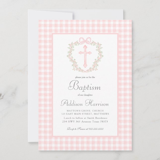 Rosa Gingham Taufe Einladung, Taufe für Mädchen Einladung (Vorderseite)