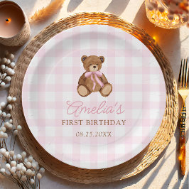 Rosa Gingham-Teddybär Beary Erster Geburtstag Pappteller