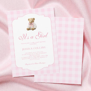 Rosa Gingham-Teddybär - Es ist ein Mädchen - Babyp Einladung