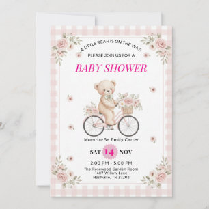 Rosa Gingham-Teddybär-Fahrrad-Baby-Party Einladung