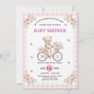 Rosa Gingham-Teddybär-Fahrrad-Baby-Party  Einladung