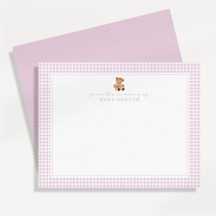 Rosa Gingham-Teddybär-Kinderzimmer-Notizkarte Ankündigung