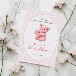 Rosa Gingham Teddybär Neutrale Babyparty Einladung