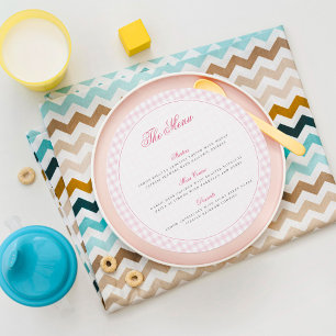 Rosa Gingham-Teddybär neutrale Babyparty Menükarte