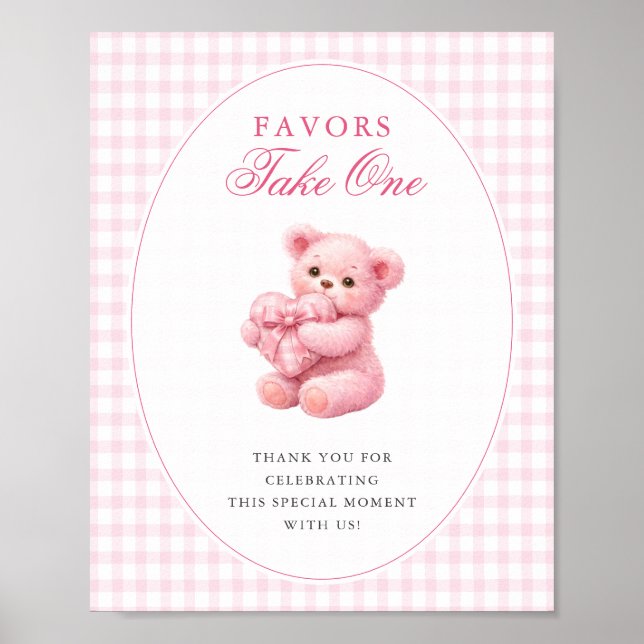Rosa Gingham Teddybär Neutrale Babyparty Poster (Vorne)