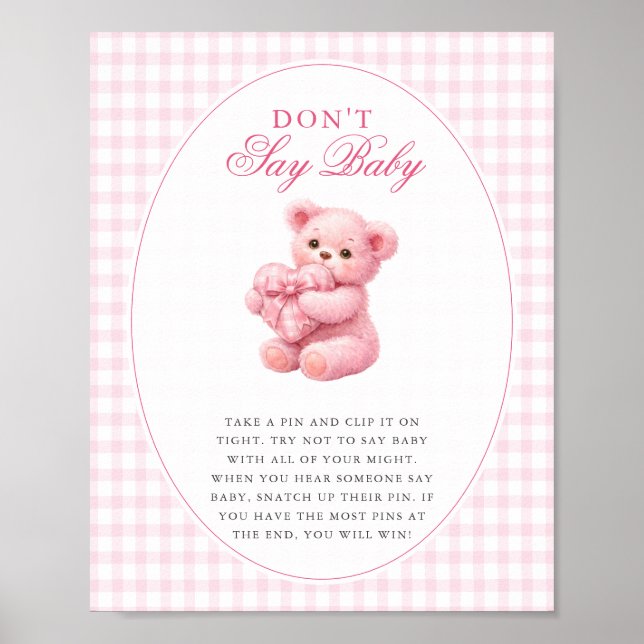 Rosa Gingham Teddybär Neutrale Babyparty Poster (Vorne)