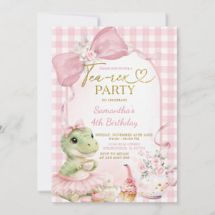 Rosa Gingham-Tee-Rex-Party-Schleifen-Dino-Geburtst Einladung