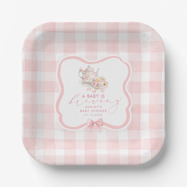 Rosa Gingham-Teeparty-Mädchen-Baby-Party Pappteller (Vorderseite)