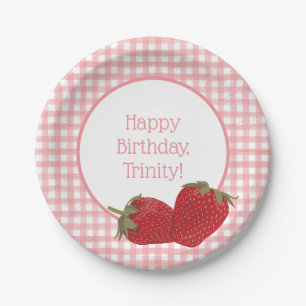 Rosa Gingham und Rote Erdbeeren Pappteller