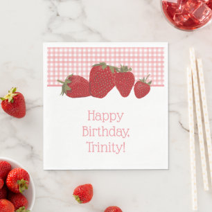 Rosa Gingham und Rote Erdbeeren Serviette