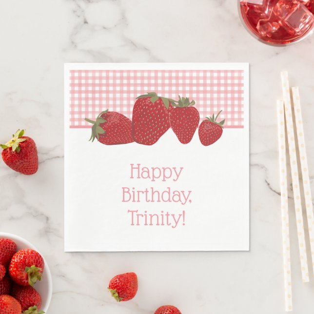 Rosa Gingham und Rote Erdbeeren Serviette (Beispiel)