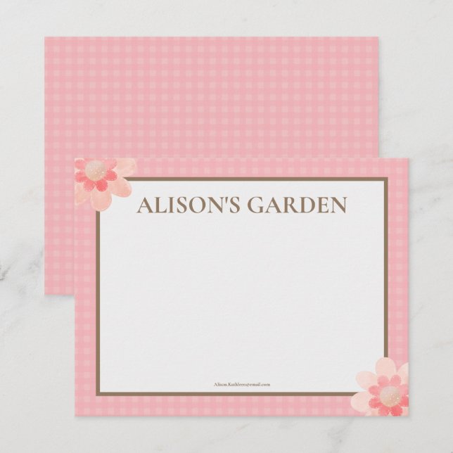 Rosa Gingham Watercolor Garden Mitteilungskarte (Vorne/Hinten)
