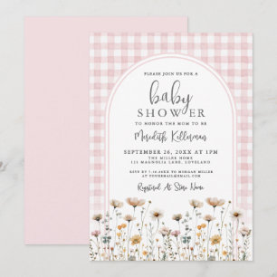 Rosa Gingham-Wildflower-Baby-Party Einladung