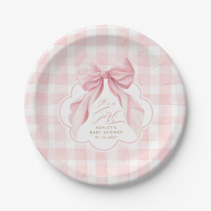 Rosa Gingham-Wimpern-Bogen Mädchen Baby Shower Pappteller