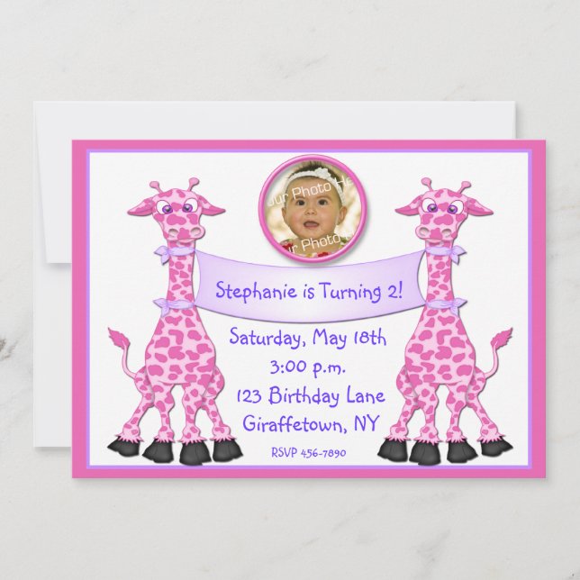 Rosa Giraffe Foto Geburtstagseinladung Einladung (Vorderseite)