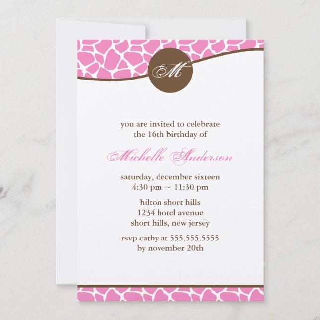 Rosa Giraffe Print Birthday Einladung (Vorderseite)