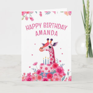 Rosa Giraffe und Blumenkuchen Geburtstag Karte