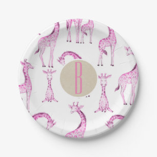 Rosa Giraffen Baby Shower Monogramm Buchstabe Init Pappteller