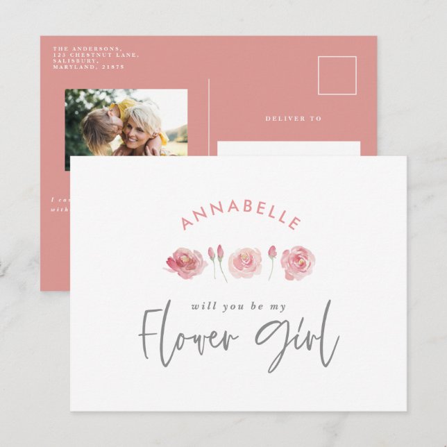 Rosa Girl Aquarellmädchen Blume Einladungspostkarte (Vorne/Hinten)