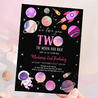 Rosa Girl Astronaut Space Two der Mond zum Geburts Einladung