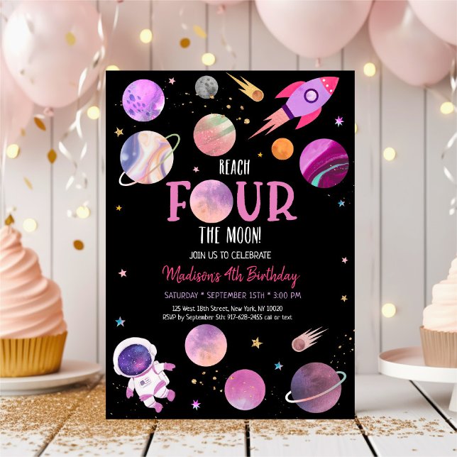Rosa Girl Astronauten Weltraum Vierte Geburtstag Einladung (Von Creator hochgeladen)