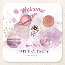 Rosa Girl Rocket Planets Galaxy Rechteckiger Pappuntersetzer