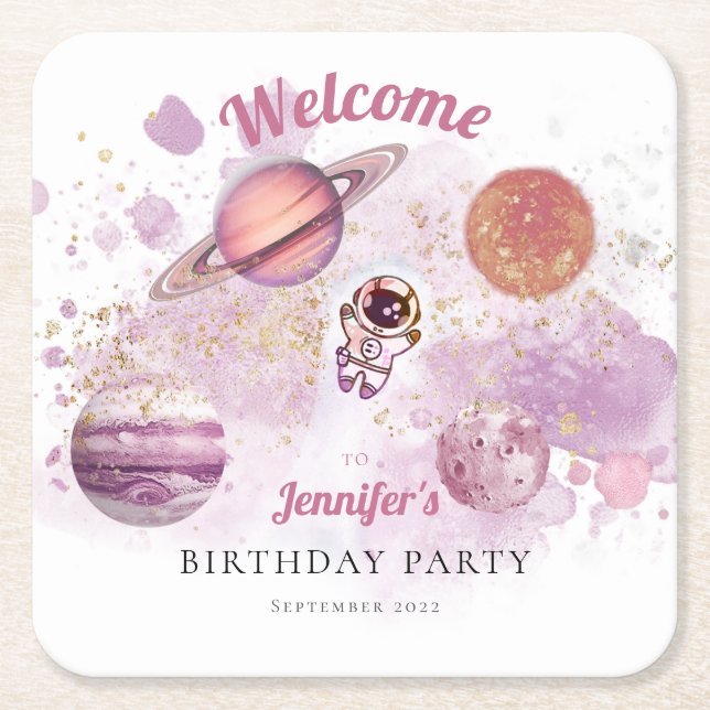 Rosa Girl Rocket Planets Galaxy Rechteckiger Pappuntersetzer (Vorderseite)