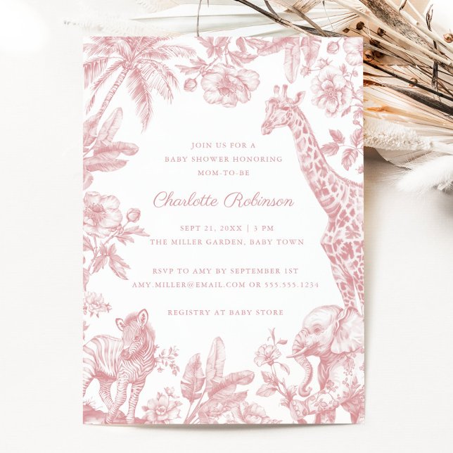 Rosa Girl Toile Safari Elegante Babydusche Einladung (Pink Girl Toile Safari Elegant Baby Shower Invitation)