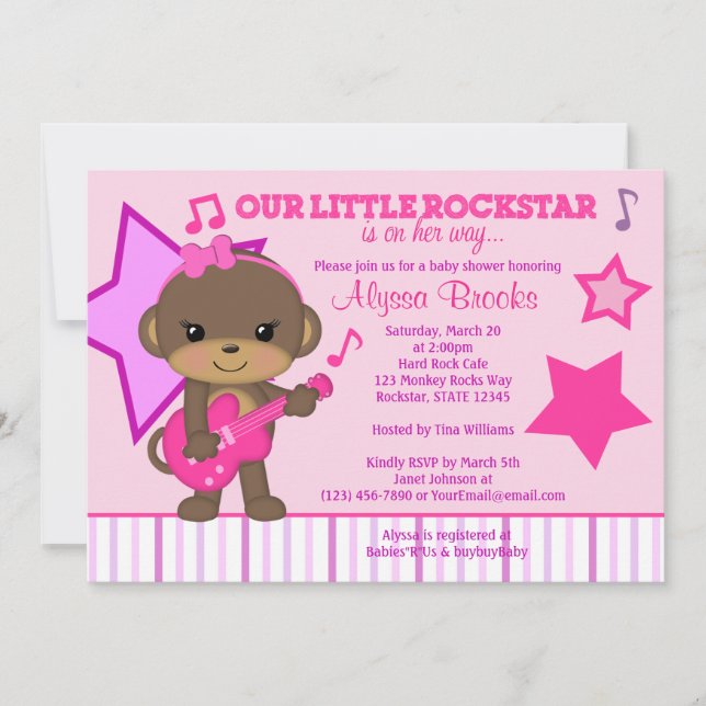 Rosa Girls Monkey Rockstar Kinderdusche Einladunge Einladung (Vorderseite)
