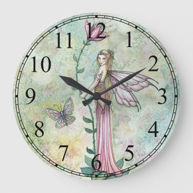 Rosa Girly Blumen-Fee-Uhr Große Wanduhr (Vorderseite)