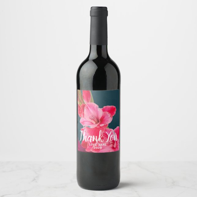 Rosa Gladioli floral Moderne Dankeschön Geschenk Weinetikett (Vorderseite)