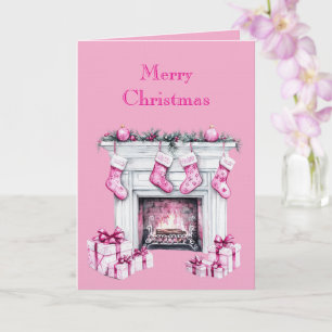 Rosa Glamour-Weihnachtsstrumpf Kamin Karte
