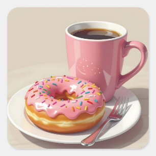 Rosa glasierter Donut und Kaffee Quadratischer Aufkleber