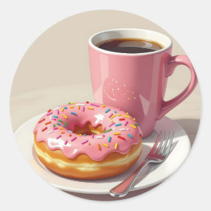 Rosa glasierter Donut und Kaffee  Runder Aufkleber