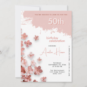 Rosa Glitter Blumen Floral 50. Geburtstag Einladung