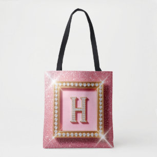 Rosa Glitter-Diamant-Anfangsbuchstabe H Goldrahmen Tasche