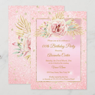 Rosa Glitter Gold Rose Floral Geburtstagsfeier Einladung