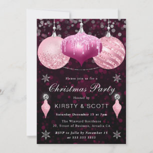 Rosa Glitter-Kugeln Weihnachtsdinner-Party Einladung