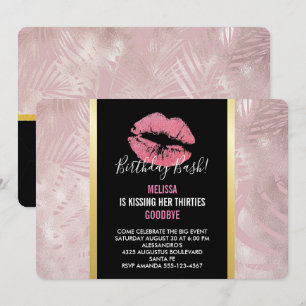 Rosa Glitter Lippen & Roségold tropische Blätter Einladung